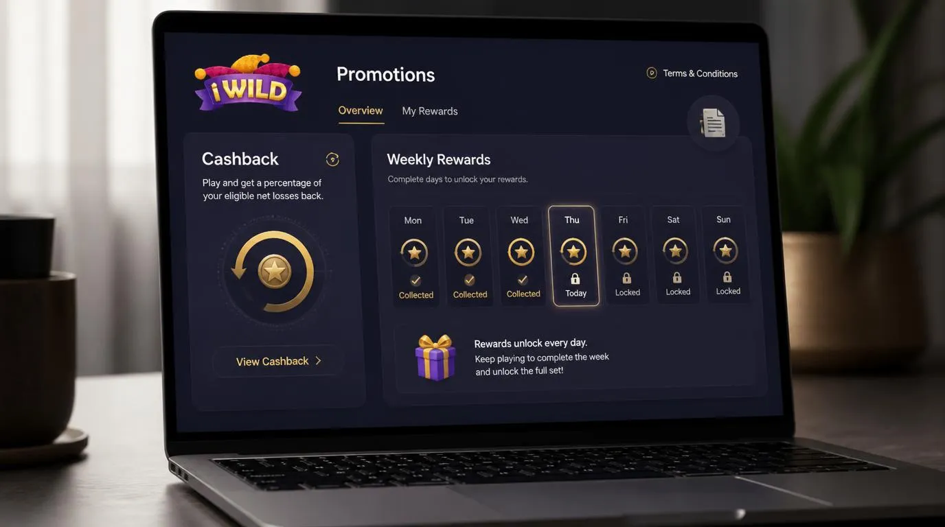 Ekran kasyna z zakładkami cashback i nagrody tygodniowe oraz kalendarzem promocji