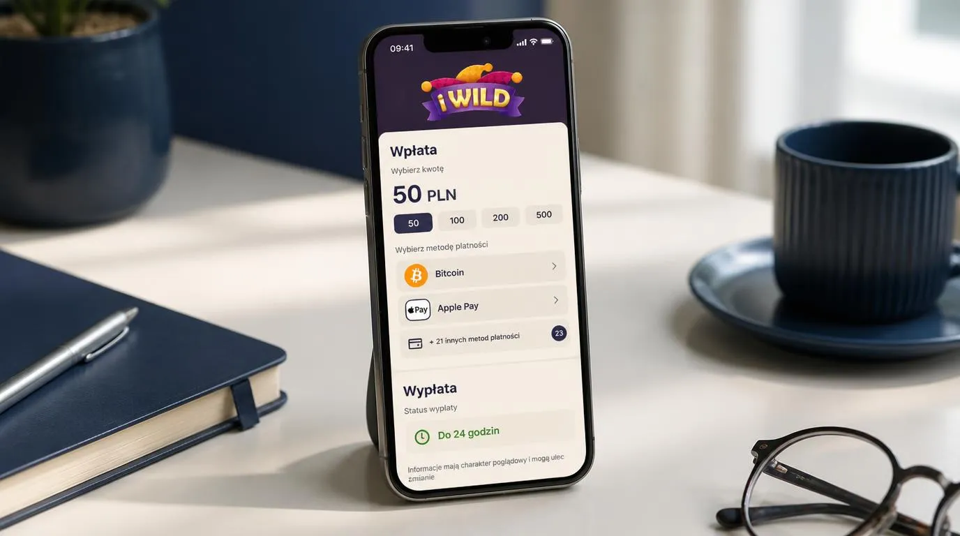 Ekran płatności w kasynie z kwotą wpłaty 50 PLN, opcjami Bitcoin i ApplePay oraz informacją o wypłacie do 24 godzin