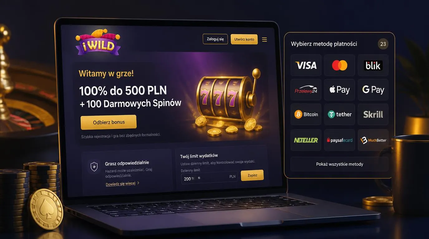Ekran kasyna z ofertą powitalną oraz ikonami metod płatności Bitcoin i Apple Pay