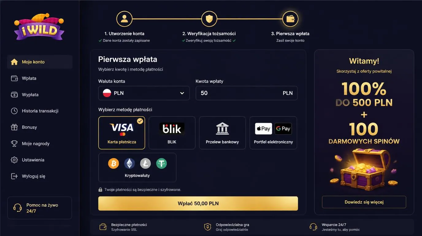 Panel rejestracji z etapem weryfikacji tożsamości i wyborem wpłaty w PLN